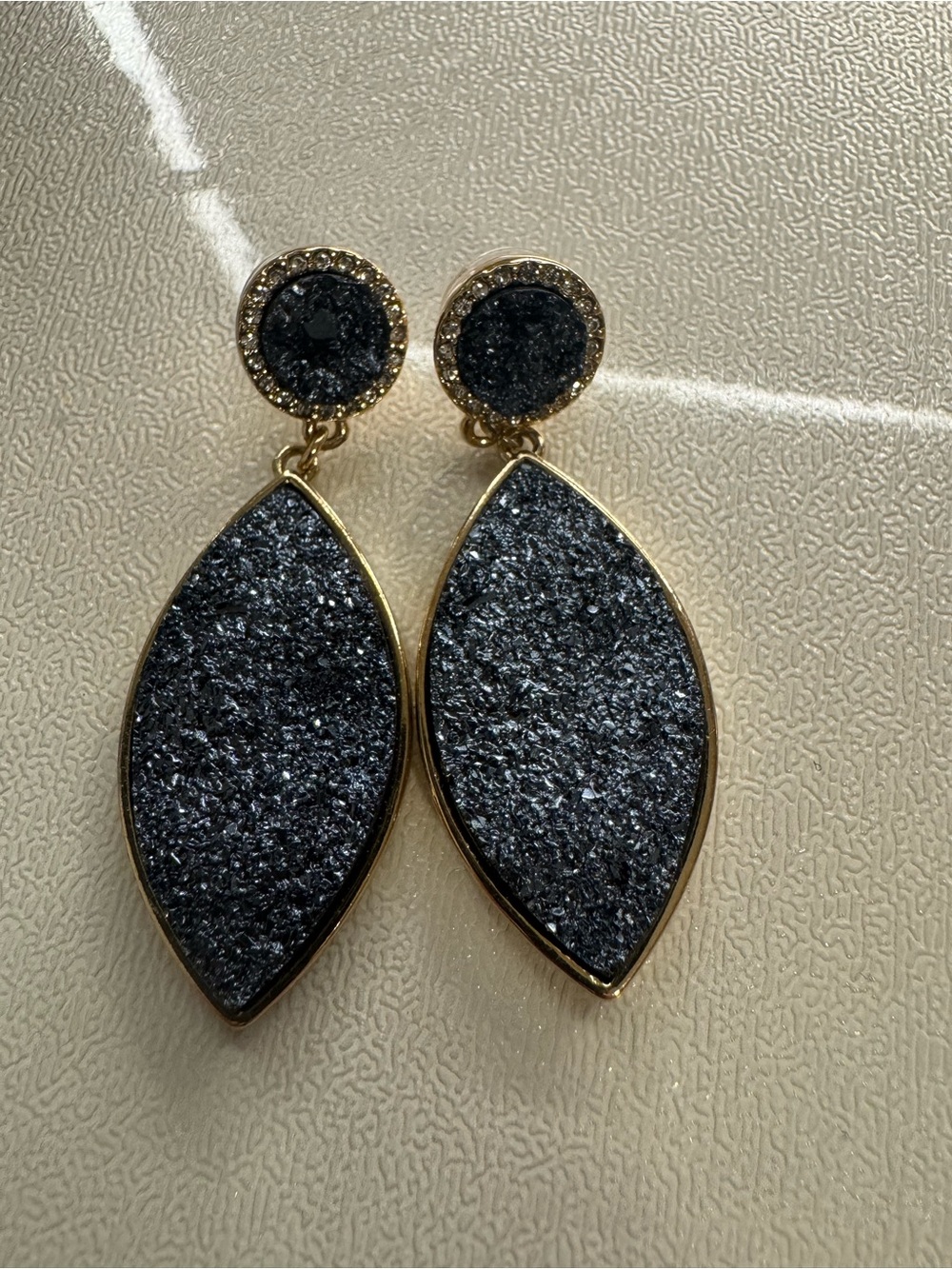 SugarFix Gold-Trim Gray Druzy Marquise Drop Earrings